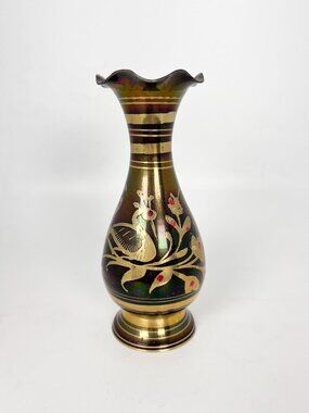 Vintage brass vase with peacock